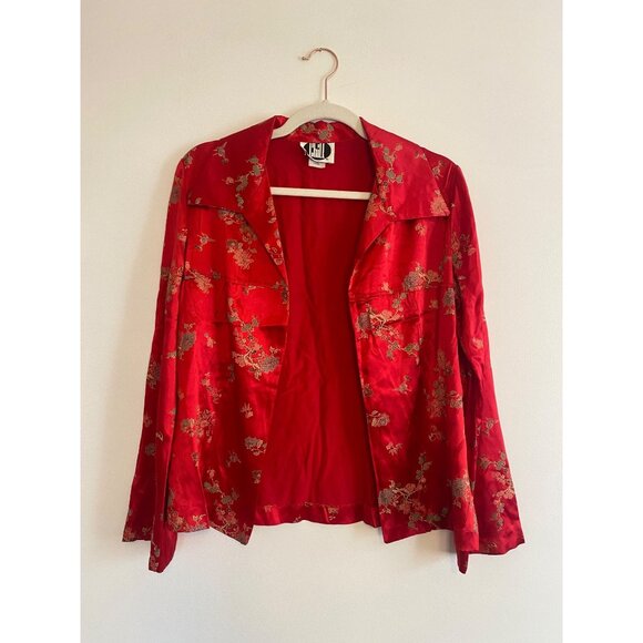 Chill Jackets & Blazers - Vintage Red Satin Asian-inspired Floral Print Jacket Women’s L